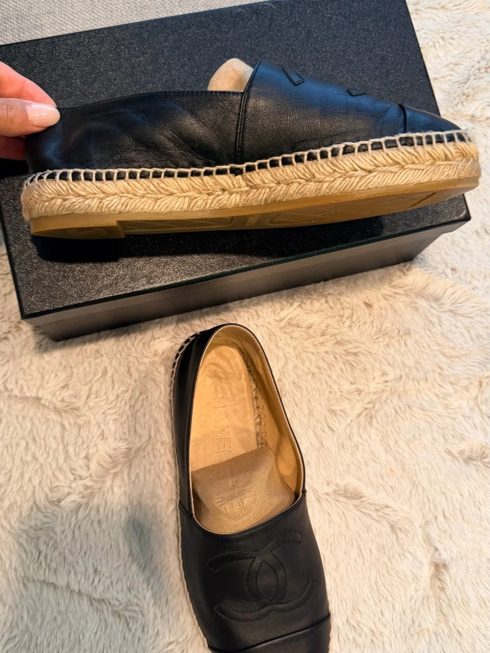 CHANEL Black Leather Espadrilles with CC Logo